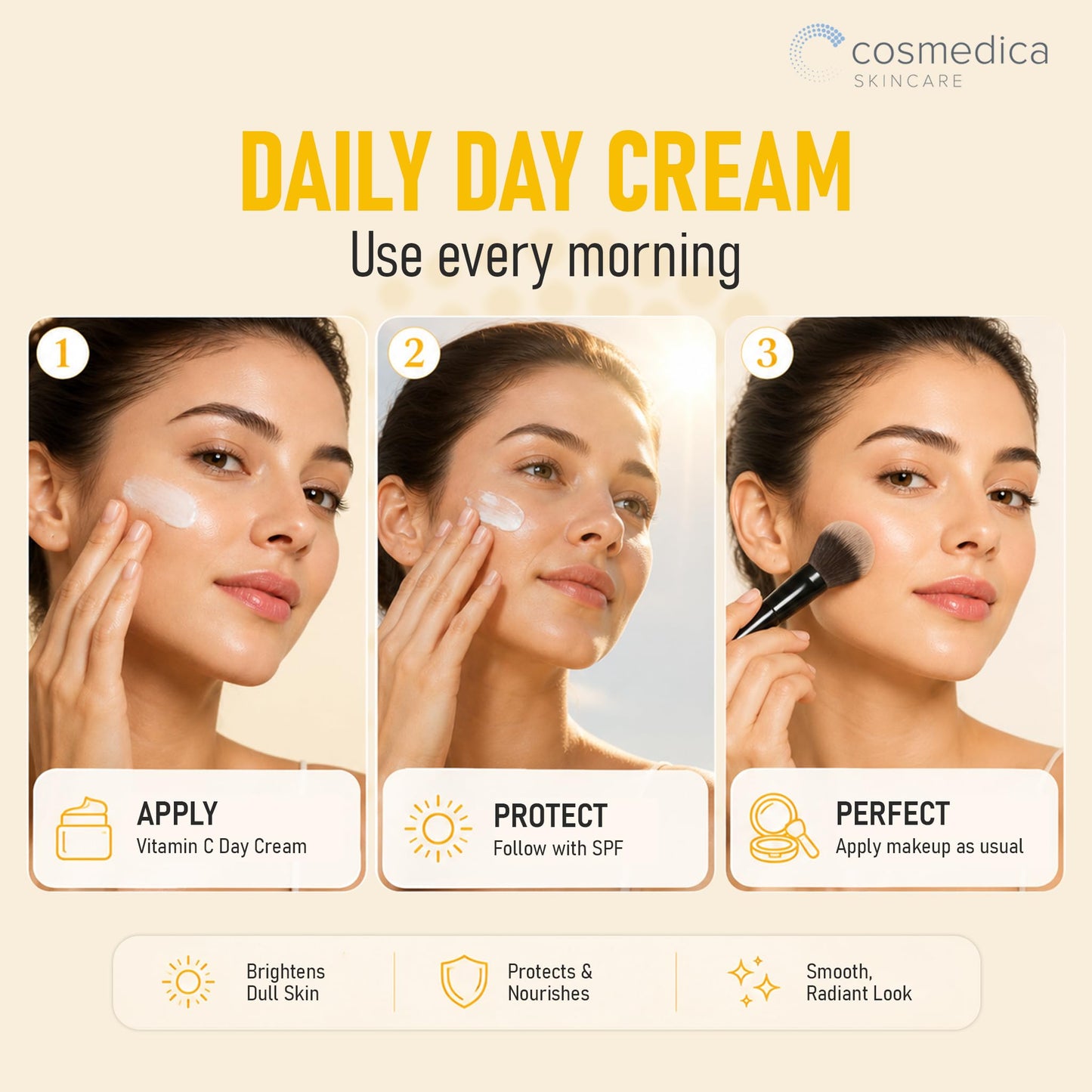 Cosmedica Skincare Vitamin C Facial Moisturizer – 15% Vitamin C Facial Day Cream - 2 ounces – Protects and nourishes skin throughout the day – Vegan, Cruelty Free Skincare