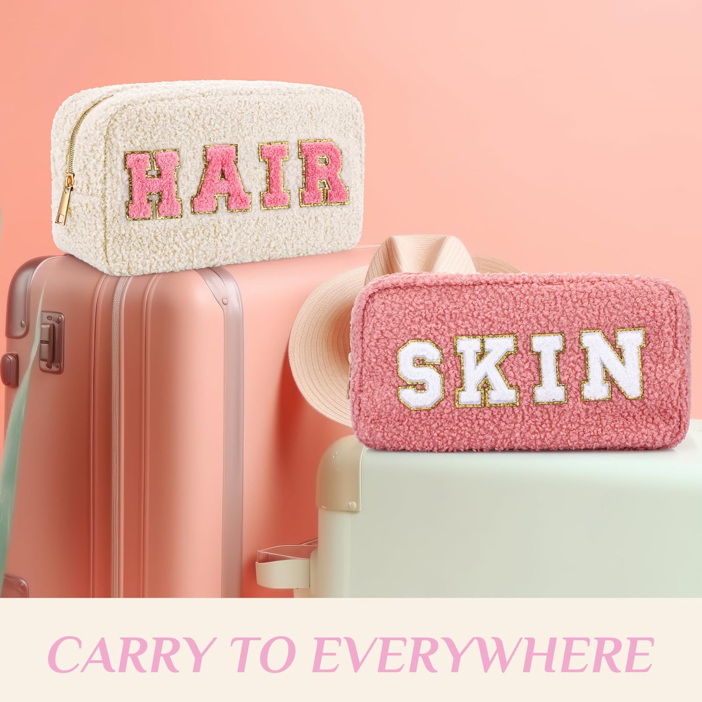Paterr 4 Pcs Chenille Letter Preppy Patches Makeup Pouch Bag Plush Fuzzy Makeup Pouch Hair Skin Face Stuff Bag Cute Cosmetic Purse Zipper Travel Toiletry for Wedding Birthday Gifts(Pink Colors)
