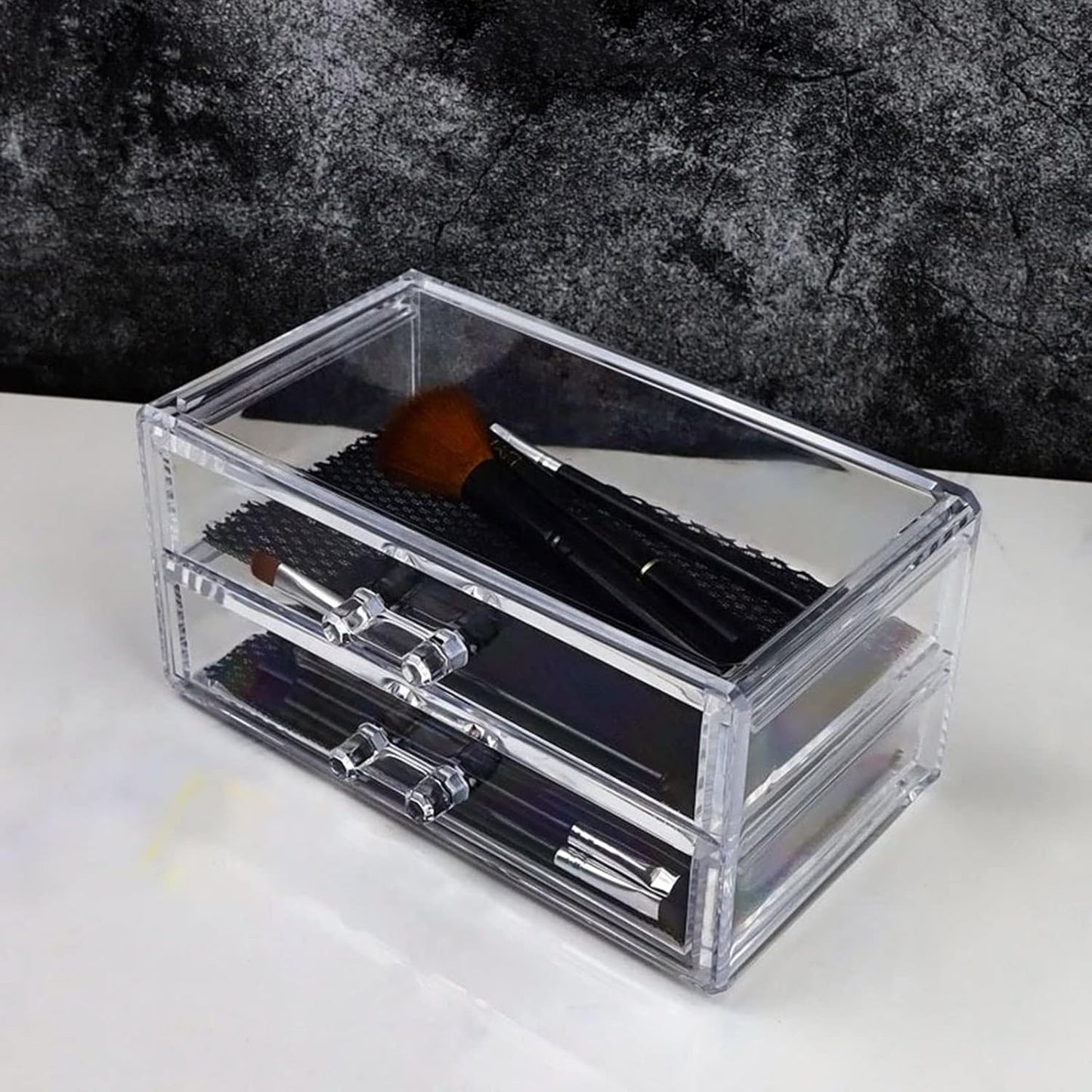Acrylic Makeup Organizer - 2 Drawer Transparent Storage Box for Jewelry & Cosmetics | Dustproof Vanity Display