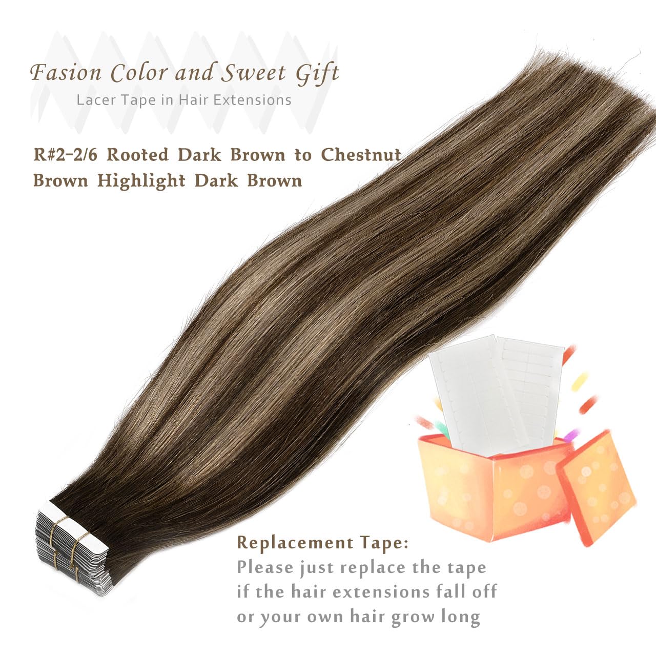 Lacer Dark Brown Tape in Hair Extensions Human Hair 18 Inch Rooted Dark Brown to Chestnut Brown Highlight Silky Straight Seamless Double Sided Tape in Extensions 50g 20pcs