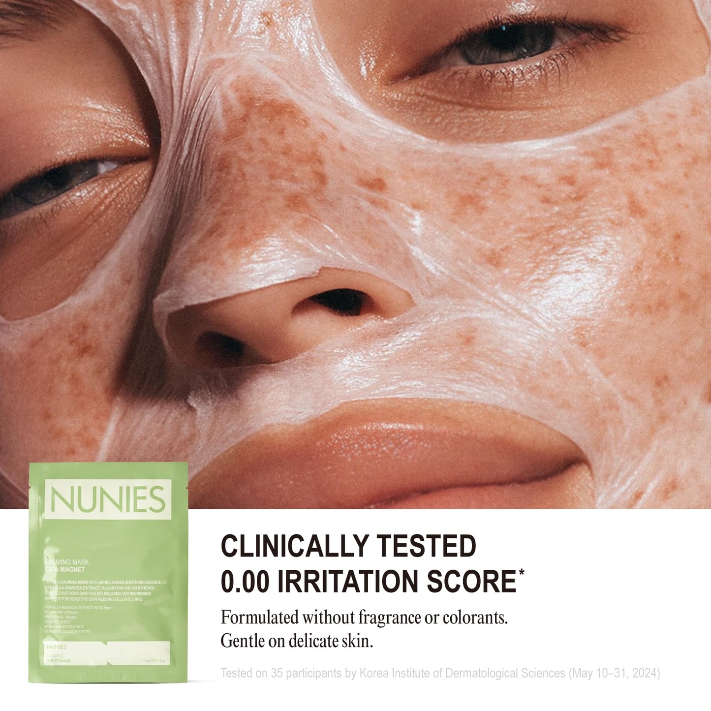 NUNIES Calming Sheet Mask – Korean Soothing Face Mask for Redness & Sensitive Skin | CICA, Allantoin & Panthenol | pH-Balanced | Alcohol-Free, Fragrance-Free, Colorant-Free | 5 Sheets