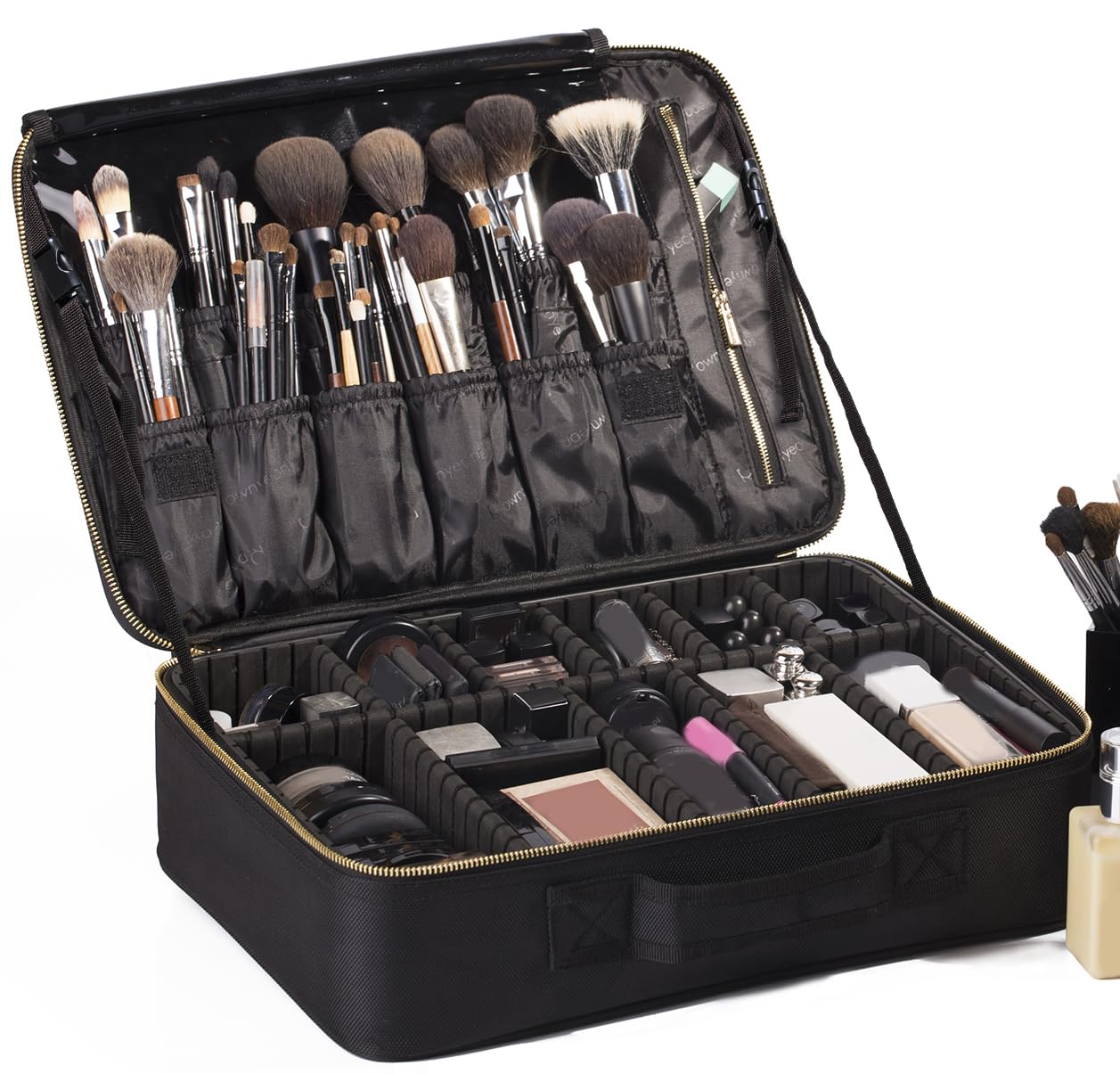 ROWNYEON Makeup Bag Cosmetic Makeup Train Case Artist Makeup Organizer Professional Portable Storage Bag for Women Girl Waterproof EVA Adjustable Dividers Large Black