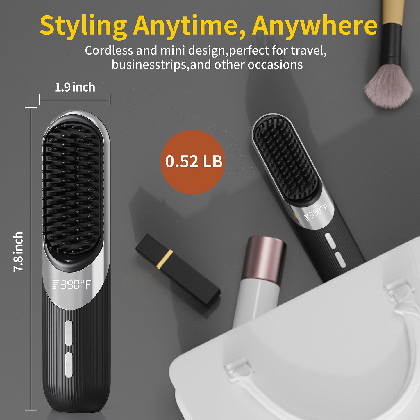 Cordless Hair Styling Brush 2-in-1 AI Smart Styler Fast Heat 30 Seconds USB Rechargeable Dual Power LCD Display Portable Travel Comb Includes Pouch (Black)