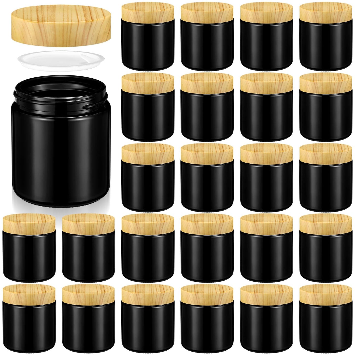 Norme 24 Pcs Glass Jars with Lids Empty Small Glass Containers and Inner Liners Reusable Cosmetic Jars Round Airtight Bottles with Plastic Woodgrain Lids for Storing Lotion (4 oz,Black)