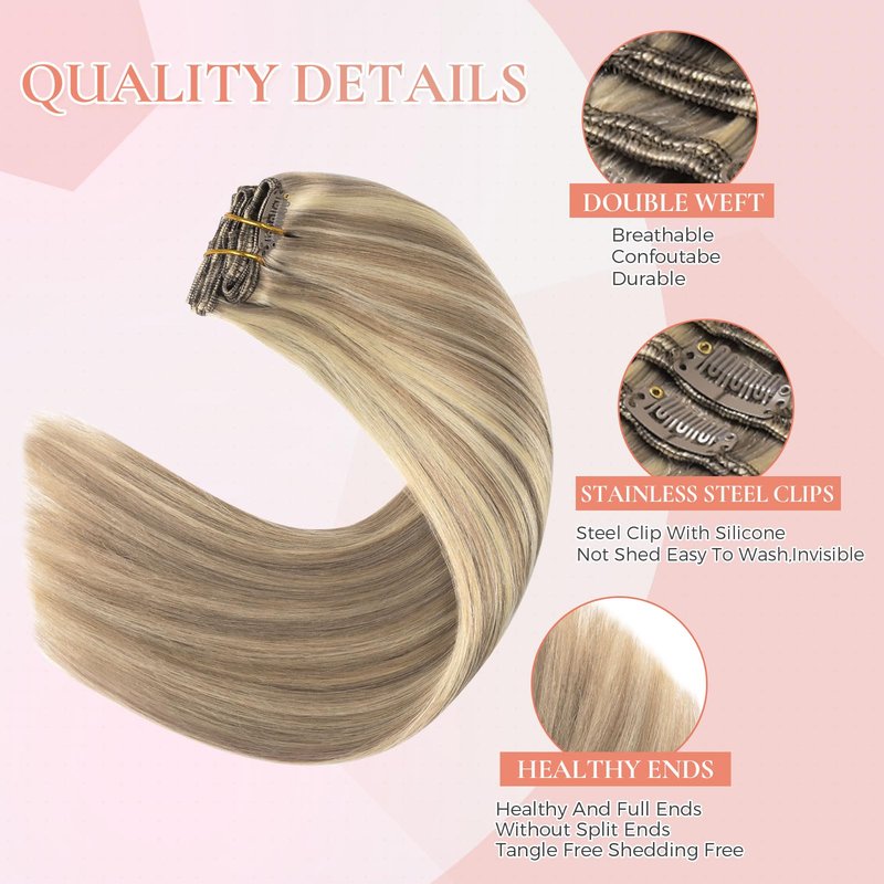 MEI YUAN LIN Clip In Hair Extensions Real Human Hair Ash Blonde Mix Bleach Blonde 5pcs 85g 12inch
