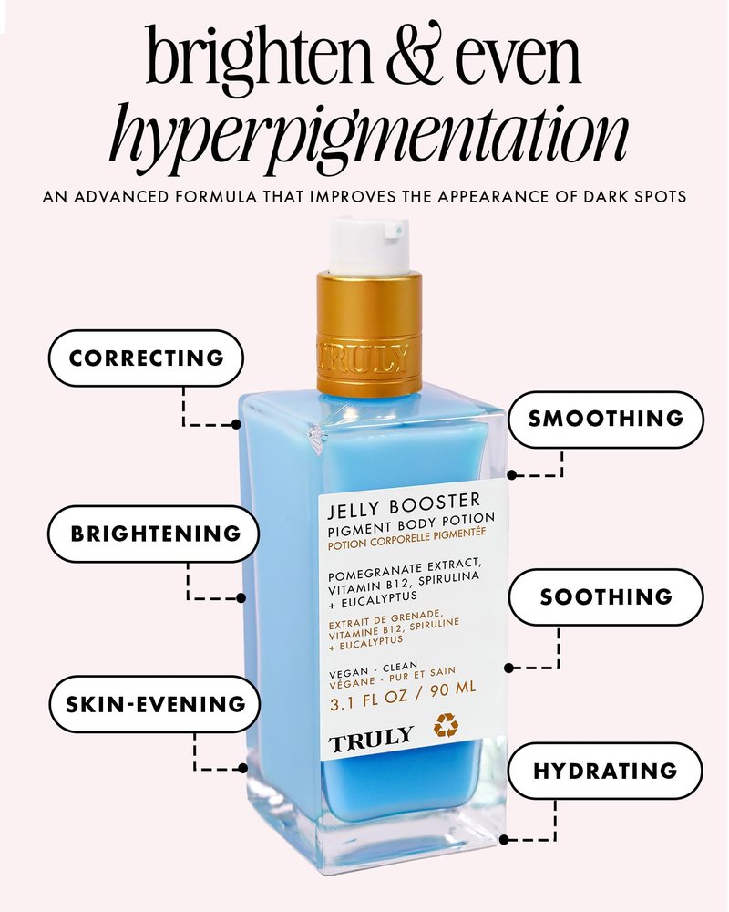 Truly Beauty Jelly Booster Pigment Body Potion | Dark Spot & Discoloration Treatment for Body | Pomegranate Extract & Vitamin B12 | Hydrates, Smooths & Helps Fade Acne Scars for Even Skin (3.1 fl oz)