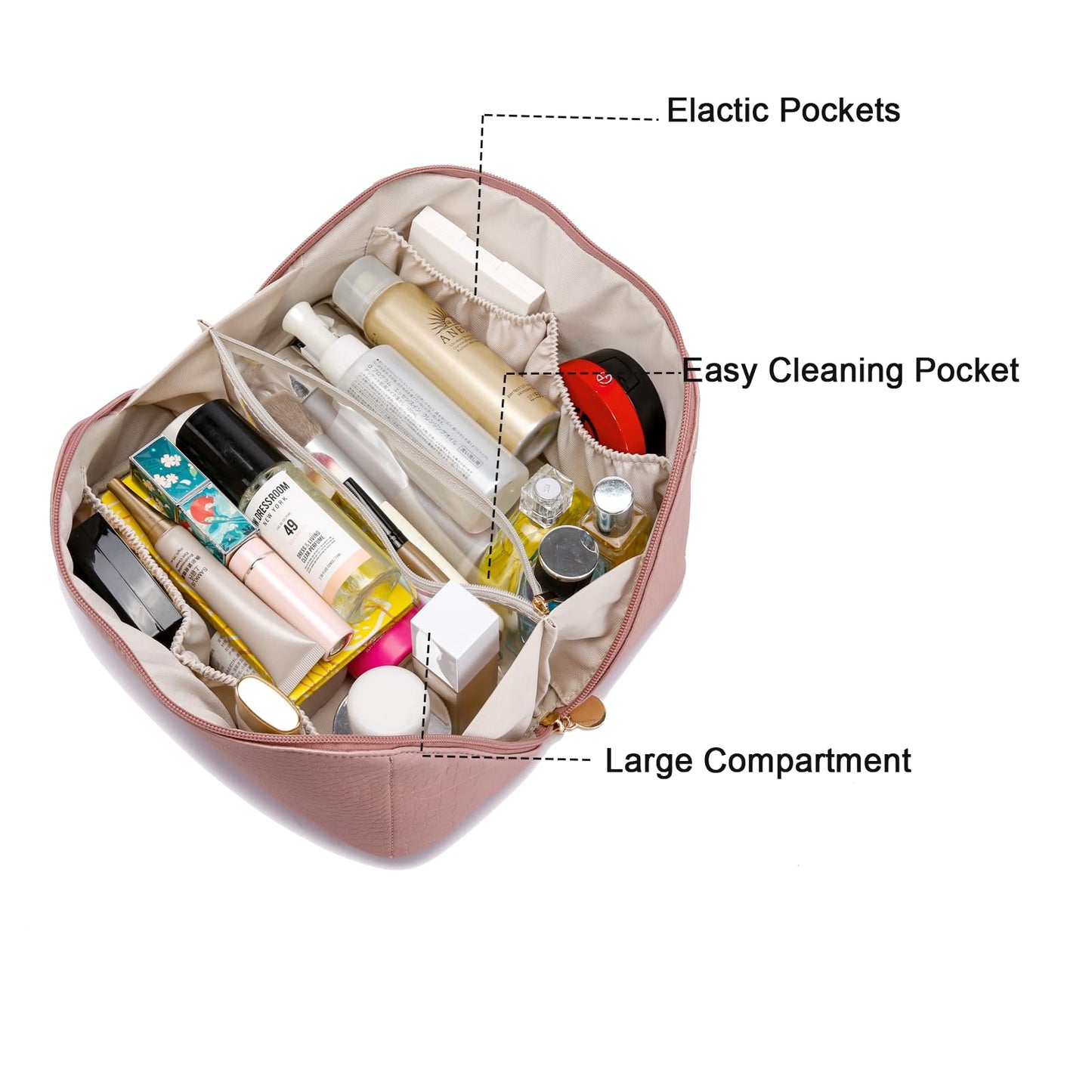 Yomiky Large Capacity Travel Cosmetic Bag, Portable Leather Makeup Bags for Women, Travel Toiletry Bag Waterproof Leather Makeup Organizer Bag, Roomy Cosmetic Bag for Women and Girls