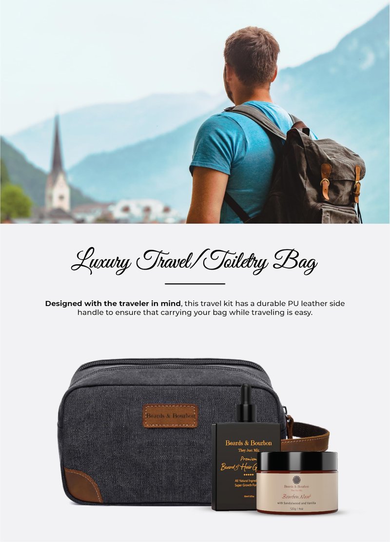 Beards & Bourbon Luxury Men's Travel Grooming Kit, Comprehensive Beard Care Set, Great and Safe for Travel