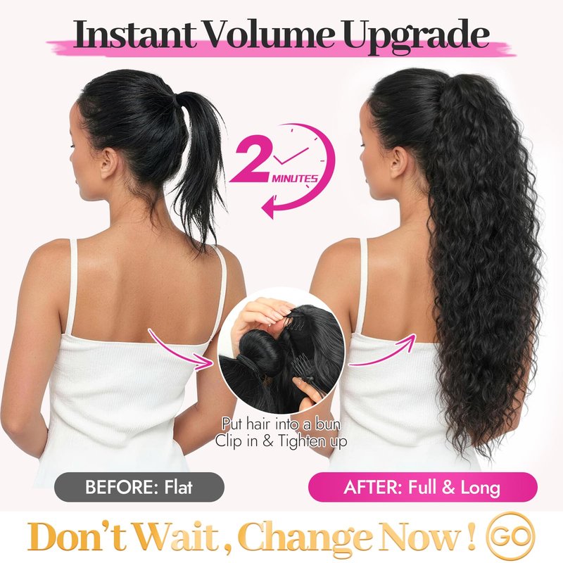 KooKaStyle Ponytail Extension 30 Inch Drawstring Pony Tails Hair Extensions for Women Long Curly Ponytail Synthetic Hairpieces for Daily Wear, Party, Gym（Black-1B）