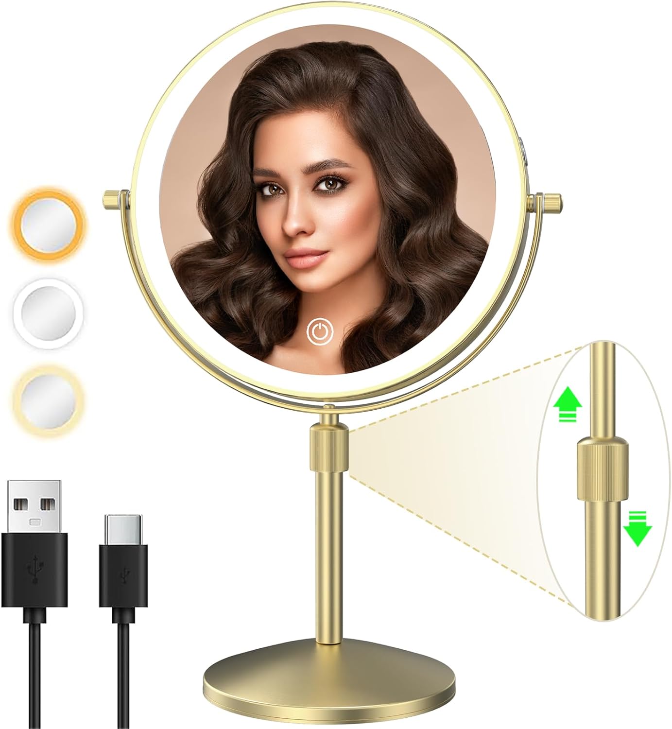 Lighted Makeup Mirror - 1X/10X Magnification, Dimmable & Rechargeable | Adjustable Height, Gold Finish