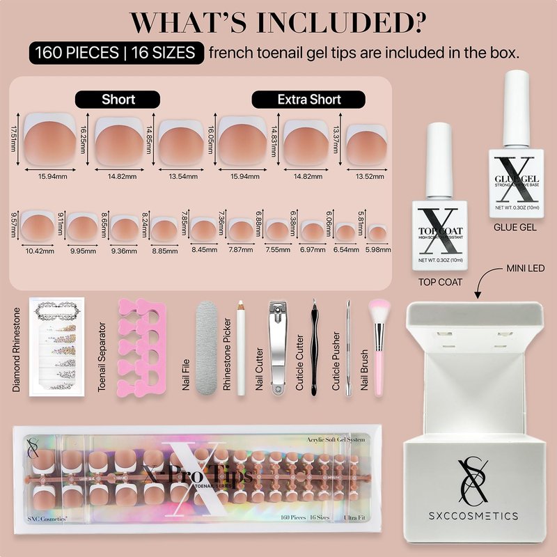 SXC Cosmetics X-Pro Tips French Tip Press On Toenails for Women, Acrylic Soft Gel System (Short French Brown, Short)