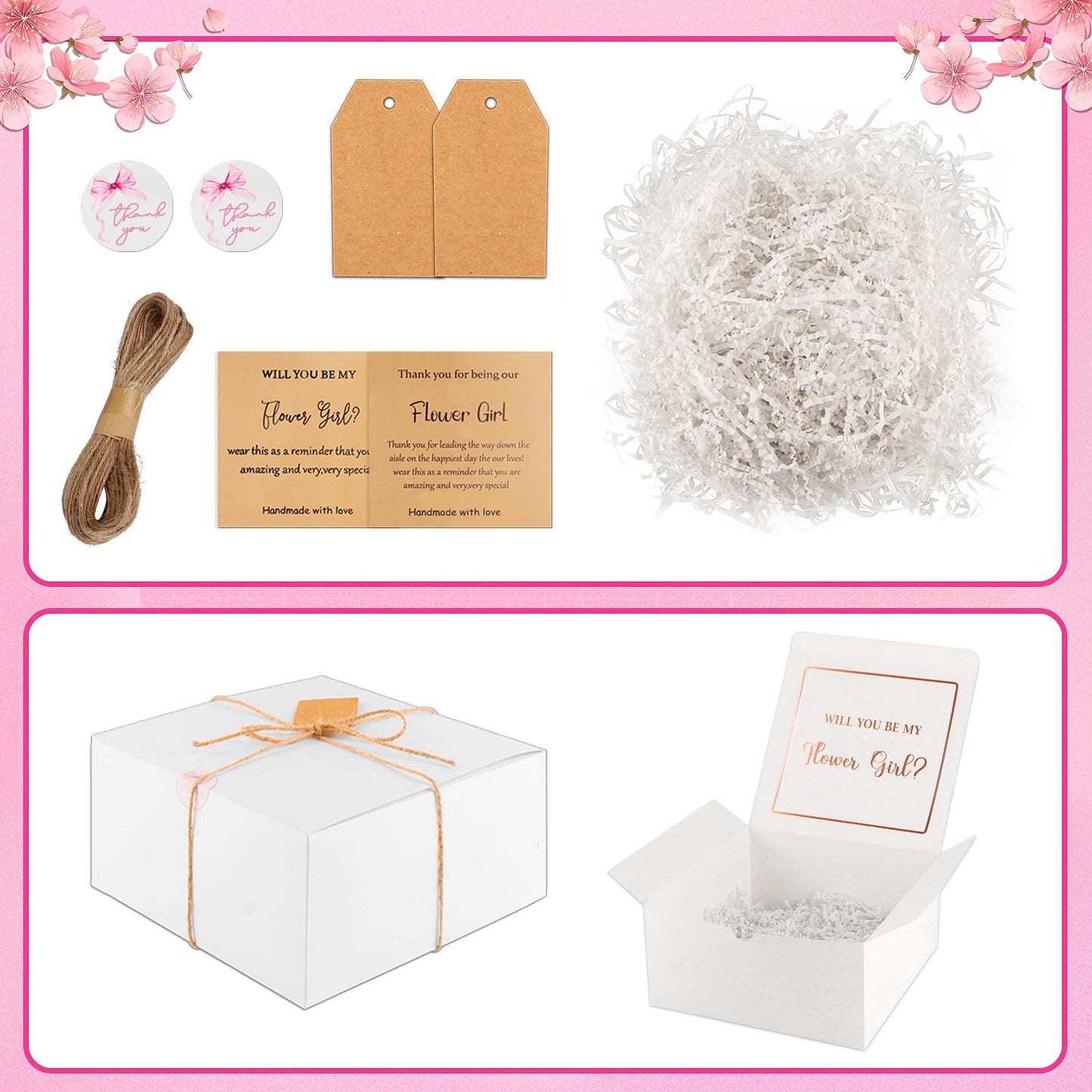 Mhoel 40pcs Flower Girl Proposal Gifts Set of 2, Rose Gold 12oz Tumbler Sunglasses Pearl Bracelet Diamond Pen Hair Ties Will You Be My Flower Girl Card Box