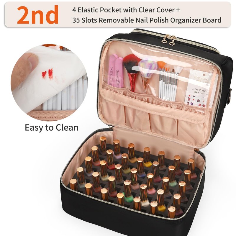 CUBETASTIC Nail Polish Organizer, Cute Nail Tech Organizers And Storage Bag Holds 45 Bottles & UV Nail Lamp, Compact Double-Layer Travel Nail Supplies Case for Nail Kit (Triangle Black, 27 Slots)
