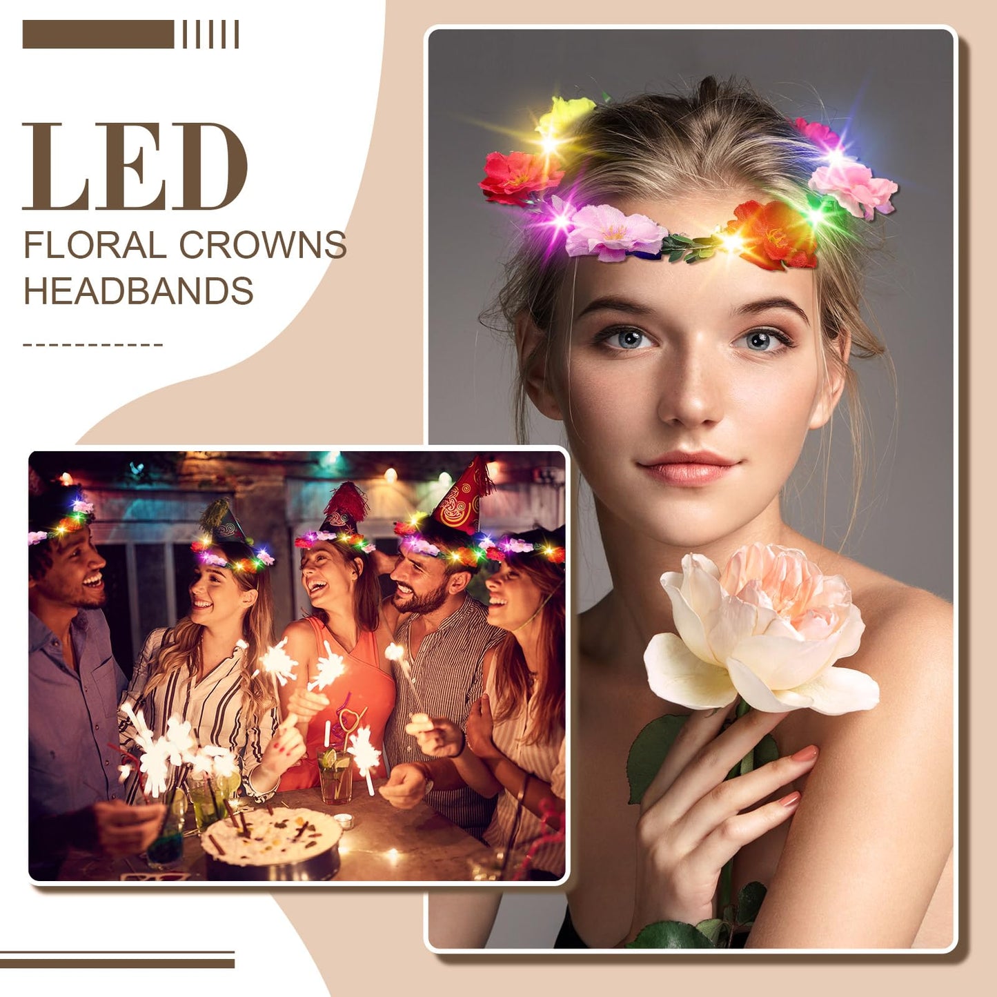 Syhood Summer Party Favor, 50 Pcs LED Flower Crowns Headbands, Light up Flower Crowns for Women, Glow in the Dark Headband for Cinco De Mayo Wedding Birthday Cosplay Princess Party Favors(Peony)