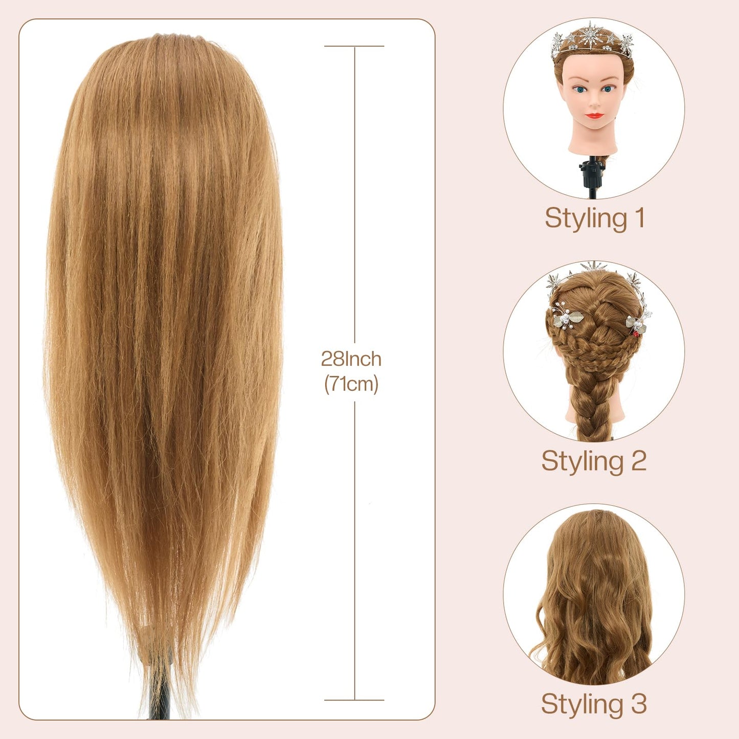 24" Mannequin Head -80% Real Hair Doll head for hair Styling, Cosmetology Mannequin Head with Hair for Braiding Curling,Cuting with Table Clamp Styling Set (Blonde)