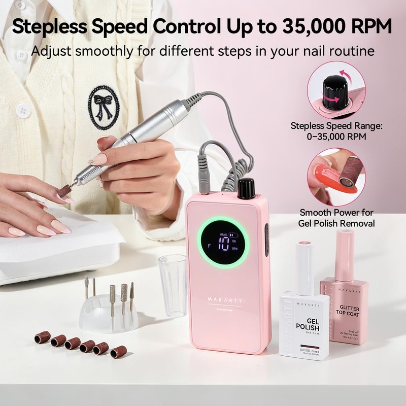 Makartt Cordless Nail Drill for Beginners: Easy & Safe Electric Nail File for Home DIY, Low Vibration Quiet Control with LCD, for Gel Removal, Shaping & Nail Care, YEEYAN