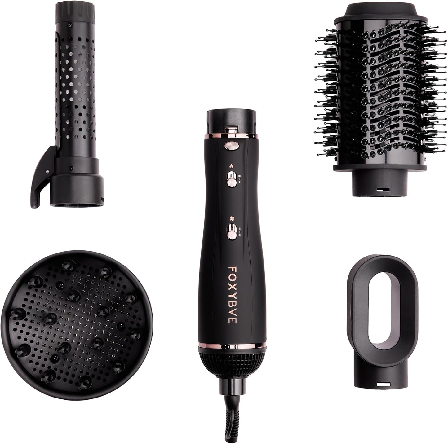 Foxybae 4-in-1 Blow-Dryer Brush Set - Curling Barrel & Diffuser for Frizz-Free Hair | Black Rose-Gold