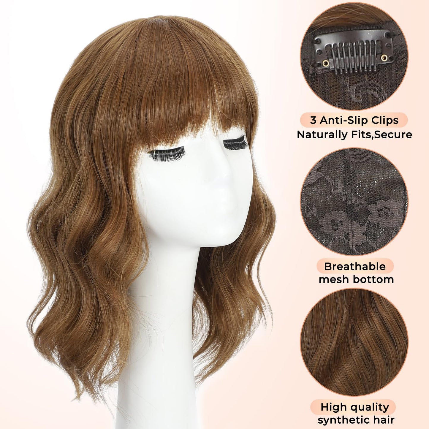 Hair Toppers for Women - 14 Inch 360° 3D Synthetic Curly Wavy Clip-In Bangs | Coffee Brown