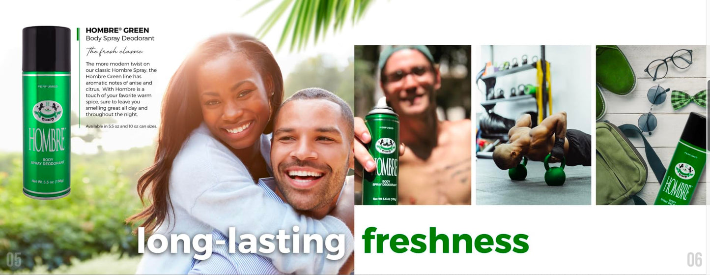Hombre Green Deodorant Fresh Body Spray for Men 5.5Oz -156g (1 Pack)