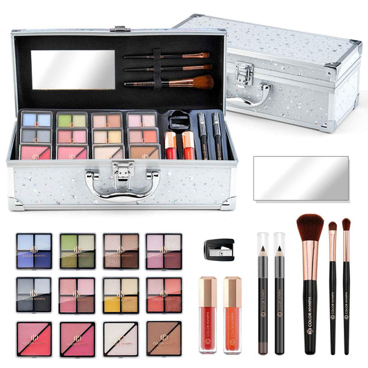 Color Nymph Makeup Kit for Teen Girls Beginner, All in One Makeup Kit for Girls with Train Case Includes Eyeshadow, Blush, Highlighter, Bronzer, Contour, Lipsticks, Eyeliner, Brushes & Mirror - White