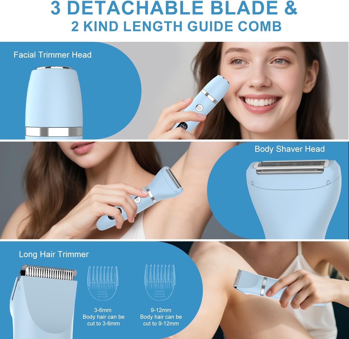 3-in-1 Electric Razor - IPX7 Waterproof Bikini Trimmer for Ladies | Painless Groomer for Face, Body & Legs
