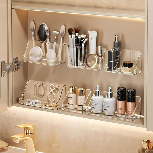 MORNITE 6 Pcs Medicine Cabinet Tray Organizer, Bathroom Vanity Toilet Cabinet Inside Shelves Storage Holder for Skincare Perfume Lipsticks Jewelry Brushes, Plastic Clear