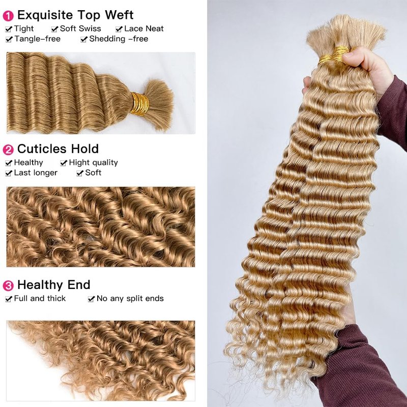 Human Braiding Hair 27#Honer Blonde Deep Wave Bulk Human Hair For Braiding Hair Extensions No Weft 1 Bundle 100g Micro Braiding Human Hair for Boho Knotless Braids Human Hair (16 Inch,27#,100g)