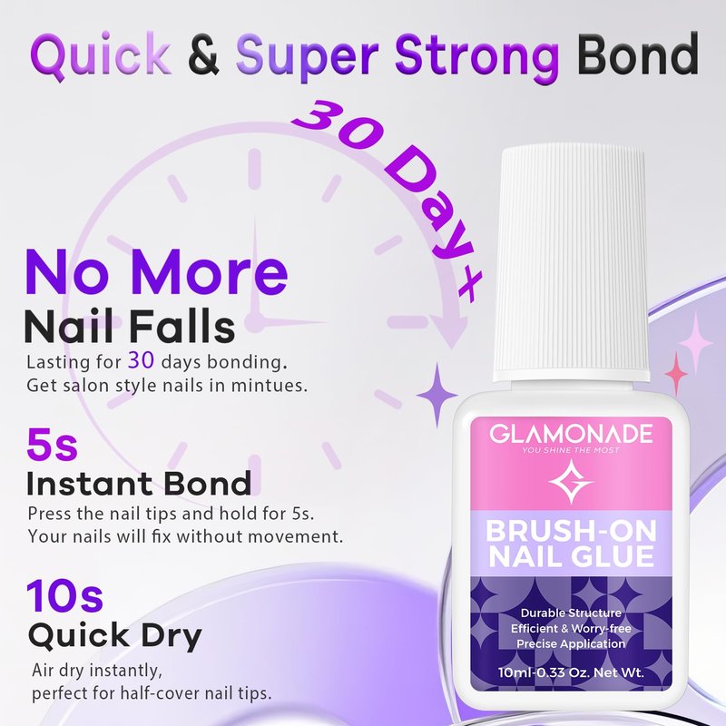 Glamonade Super Strong Nail Glue: Press on Nails, Acrylic Nails, Fake & False Nail Tips Glue - 10ml Brush on Professional Easy Long-Lasting Adhesive(10ml*3)