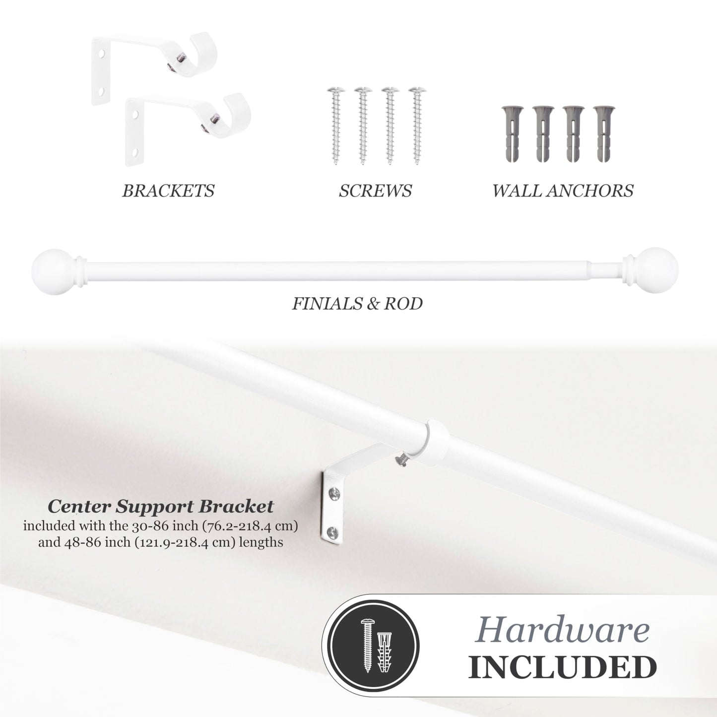 Kenney Chelsea Ball End Window Curtain Rod, Adjustable Curtain Rod for Windows 28 to 48 Inches, Extendable Curtain Rod Set, White