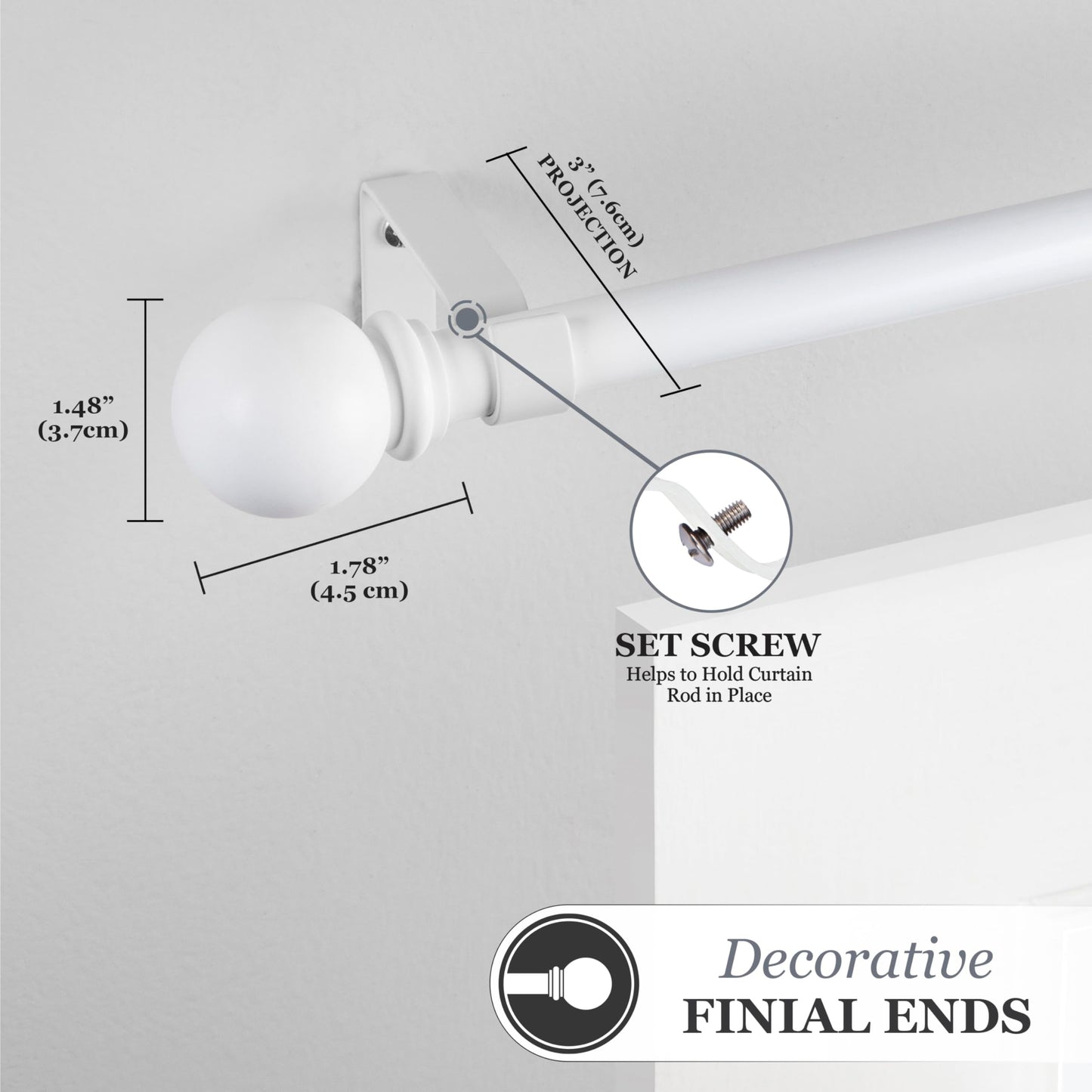 Kenney Chelsea Ball End Window Curtain Rod, Adjustable Curtain Rod for Windows 28 to 48 Inches, Extendable Curtain Rod Set, White