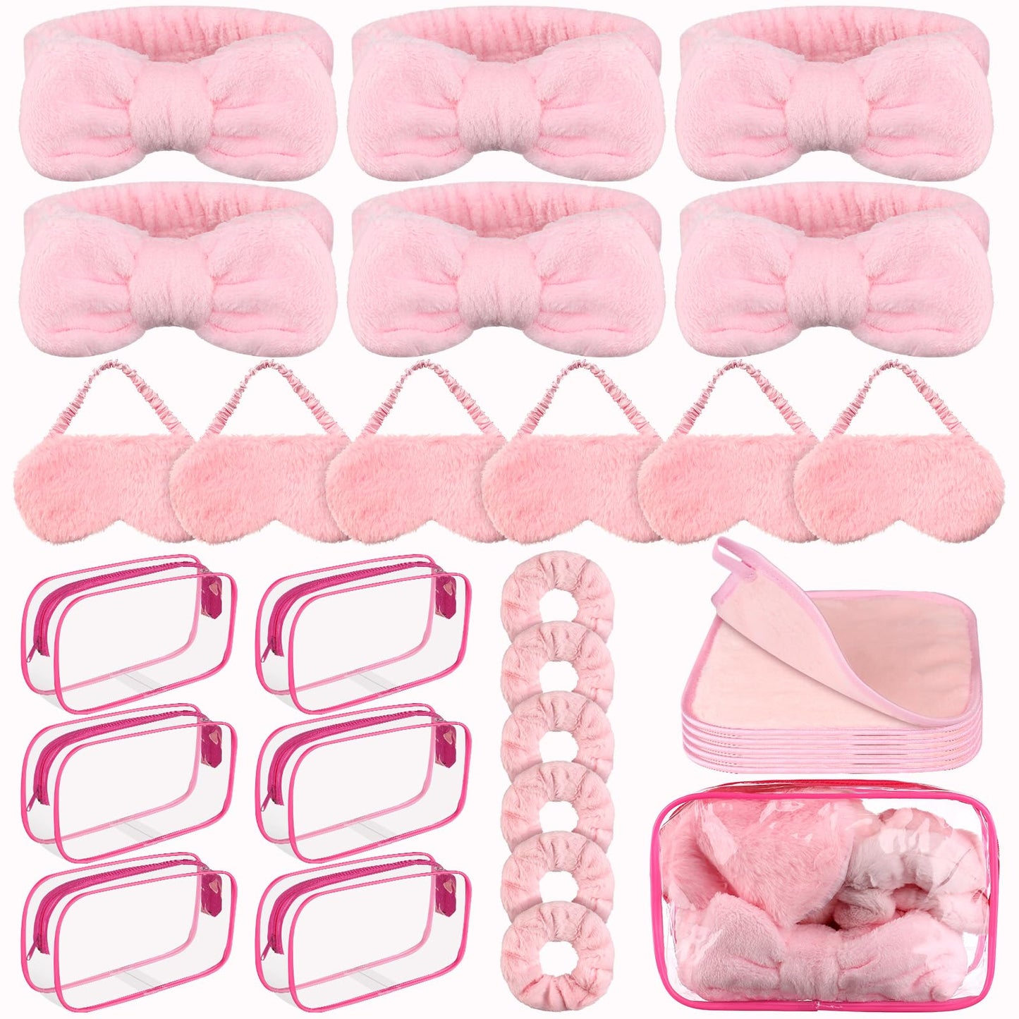 FIONUPI 30 Pcs Spa Sleepover Party Supplies 6 Bow Makeup Headband 6 Pink Plush Sleep Eye Mask 6 Velvet Scrunchies 6 Makeup Remover Cloth 6 Clear Cosmetic Bags for Women Slumber Party Favors