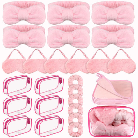 FIONUPI 30 Pcs Spa Sleepover Party Supplies 6 Bow Makeup Headband 6 Pink Plush Sleep Eye Mask 6 Velvet Scrunchies 6 Makeup Remover Cloth 6 Clear Cosmetic Bags for Women Slumber Party Favors