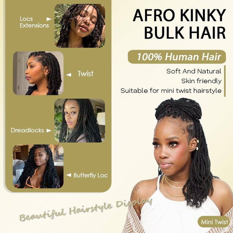 Afro Kinkys Bulk Human Hair for kinky curly Twist Human Braiding Hair For Micro Locs Extensions marley natural Black Color 16 inches 70g/pack