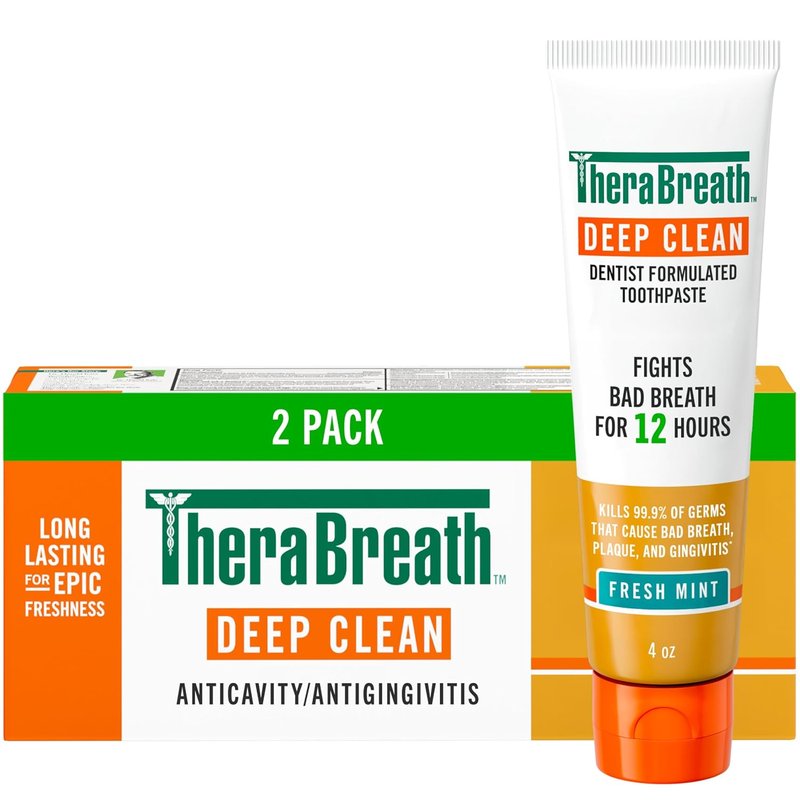 TheraBreath Deep Clean Toothpaste - Kills 99.9% of Bad Breath Germs | Gentle Whitening, Fresh Mint, 4 Oz, 2-Pack