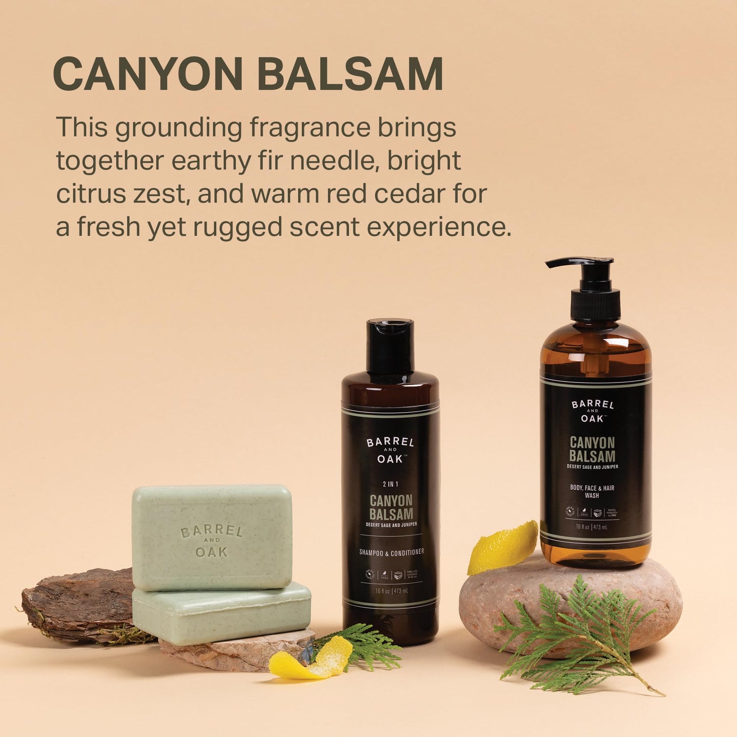 Barrel & Oak Canyon Balsam Body Care Set for Men, All-in-One Body Wash, Exfoliating Bar Soap, & 2-in-1 Shampoo and Conditioner Set, Hydrating Grooming Kit, Vegan Gifts for Men, 3-Pack