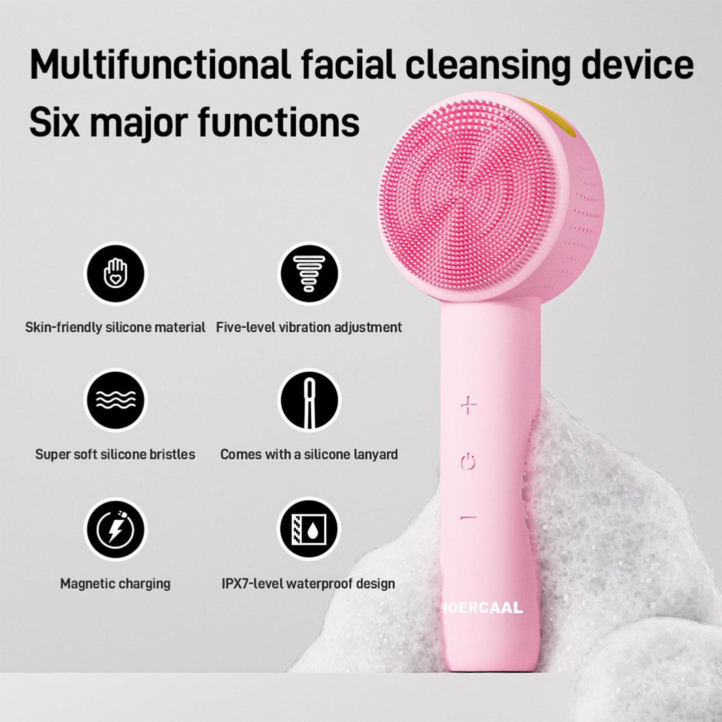 Facial Cleansing Brush Electric – Rechargeable Silicone Face Scrubber, Waterproof Vibrating Cleaner with 5 Adjustable Intensities for Deep Cleansing and Exfoliation (Pink)