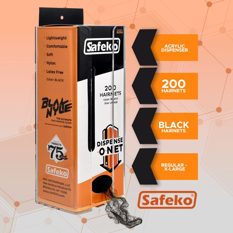 SAFEKO Dispense-O-Net Hairnet Dispenser & Wall Mount | Black Hairnets + Wall Mount | Lightweight Nylon Hairnets | Latex-Free