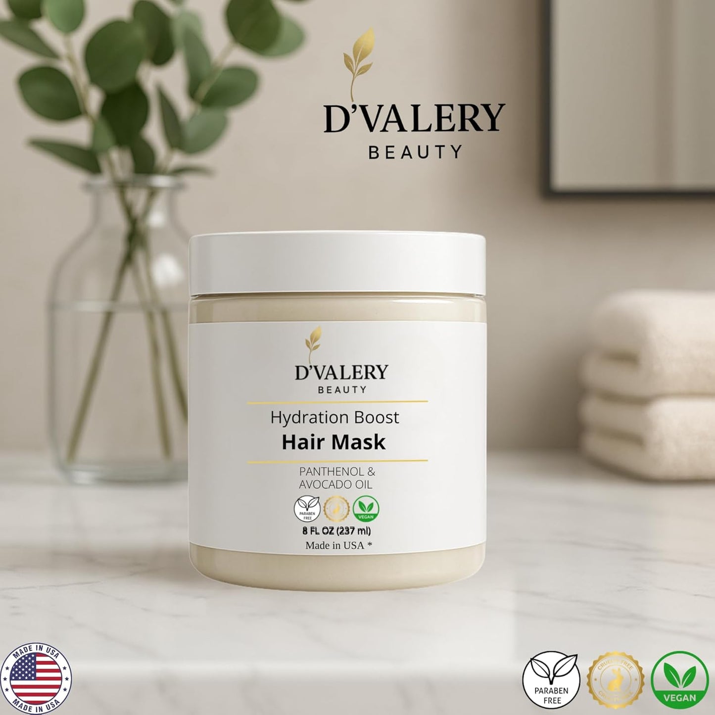 Hydrating Hair Mask - Avocado Oil & Panthenol Deep Conditioning Treatment for Dry, Damaged Hair | 8 oz