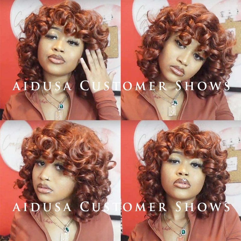 AIDUSA Big Curly Wigs for Black Women Synthetic Loose Curly Wigs with Bangs 14 Inch Auburn Brown Short Wigs Synthetic Hair Natural Wigs for Women (Copper Auburn)