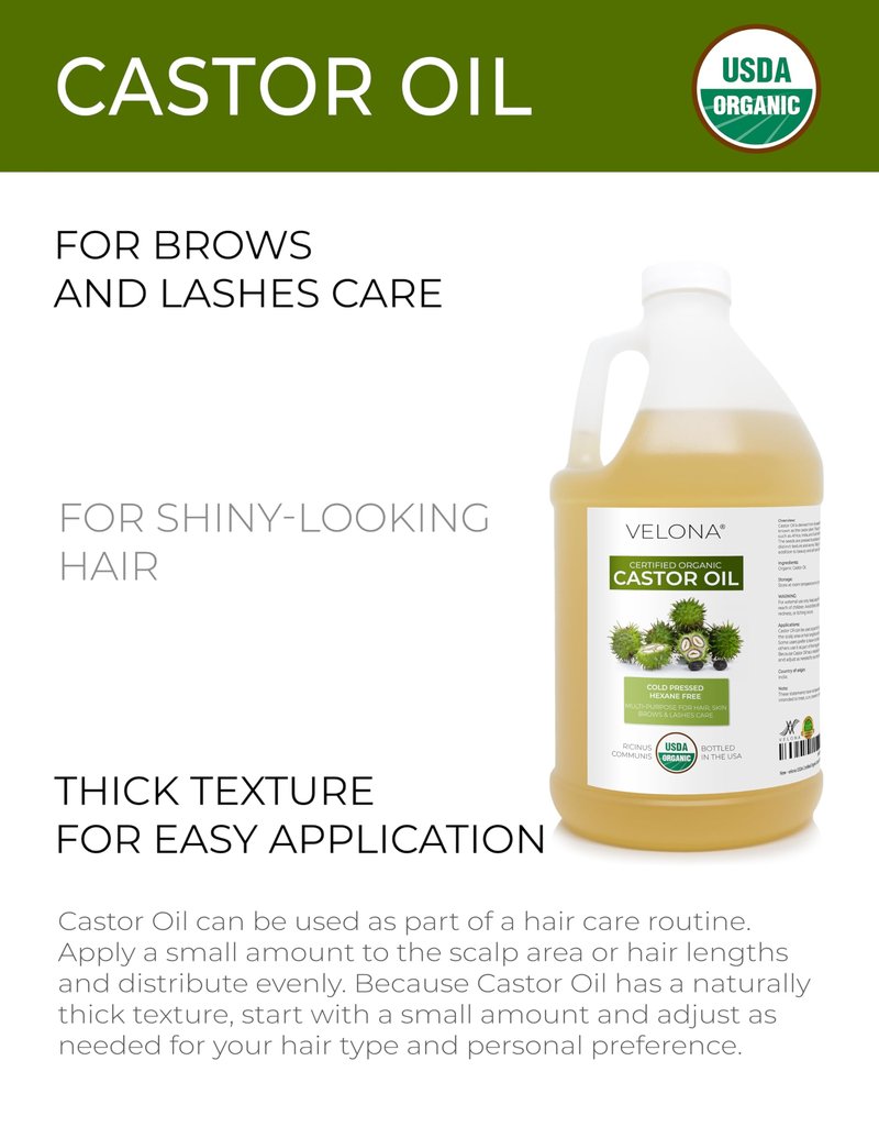 velona USDA Certified Organic Castor Oil - 1 Gallon / 128 Fl Oz | For Hair, Boost Eyelashes, Eyebrows | Cold pressed, Natural Oil, USP Grade | Hexane Free