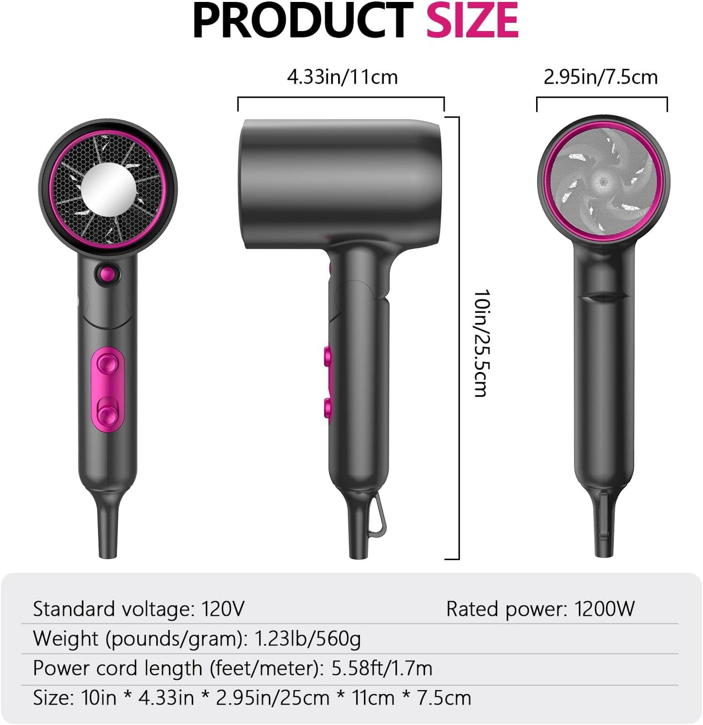 Portable Hair Dryer - Ionic Fast Drying with Blue Light Scalp Care | Foldable Design, 2 Speeds, Diffuser & Nozzle