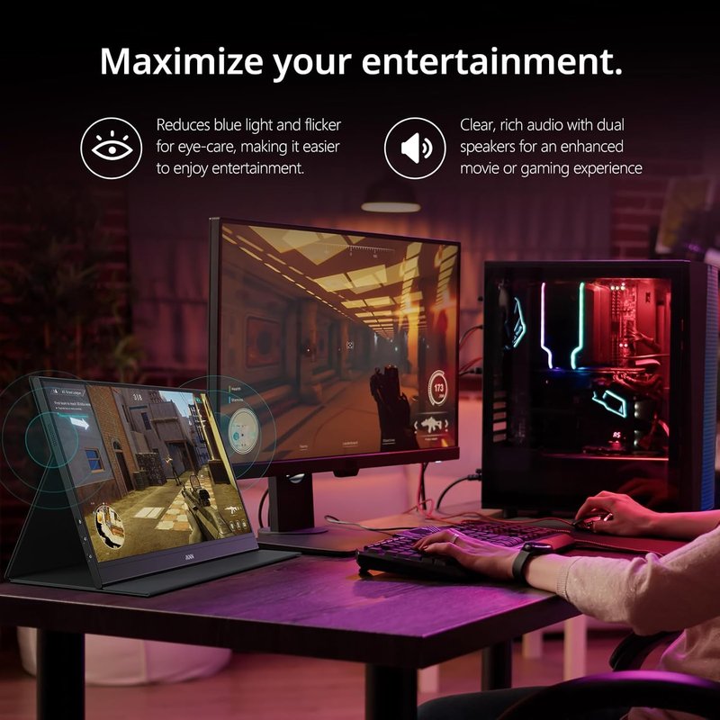 MNN Portable 15.6" FHD 1080P USB-C Gaming Monitor - Ultra-Slim IPS Display with Smart Cover & Speakers