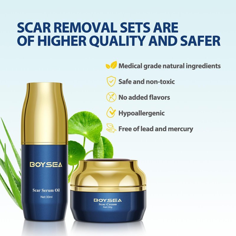 Boysea Scar Cream & Serum Oil, Advanced Scar Removal Set, Reduces Appearance of Keloids, C-Sections, Surgeries, Burns, Acne, 2 x 1.06 Oz Bottles