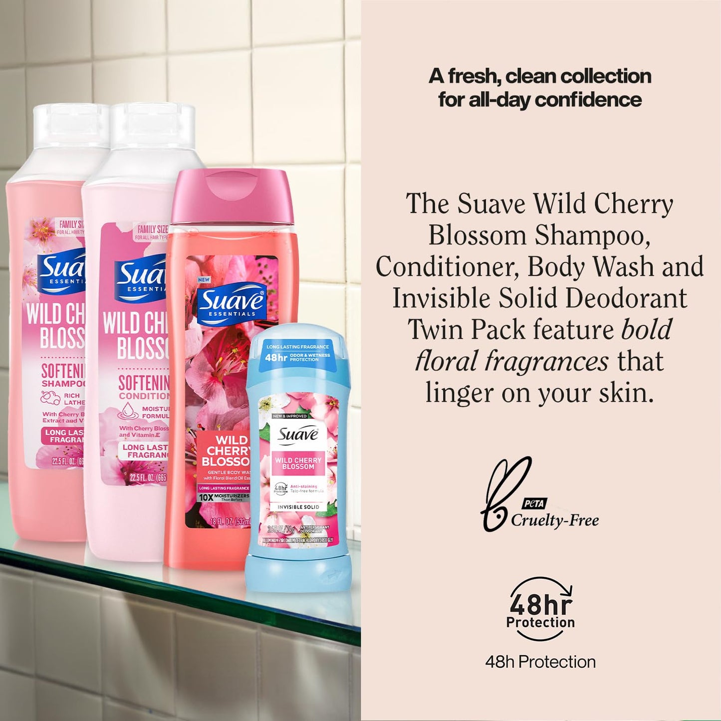 Suave Shampoo, Conditioner & Body Wash 2-Pack + Invisible Solid Antiperspirant Deodorant for Women, Wild Cherry Blossom, 48H Protection