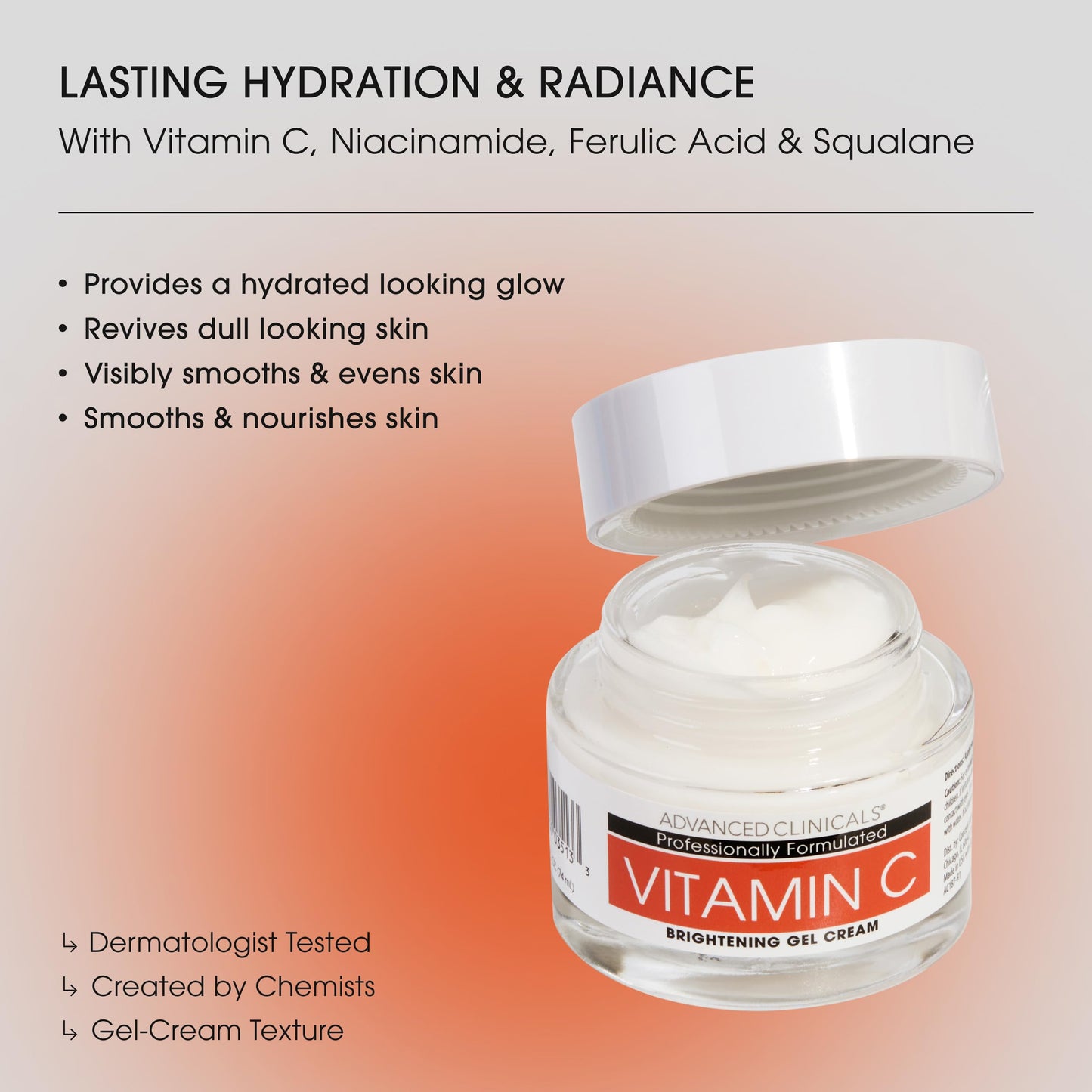 Advanced Clinicals Brightening Vitamin C Face Cream Gel With Niacinamide + Hyaluronic Acid | Vitamin C Moisturizer Lotion For Face Visibly Diminishes Look Of Dark Spots & Uneven Skin Tone, 2.5 Fl Oz