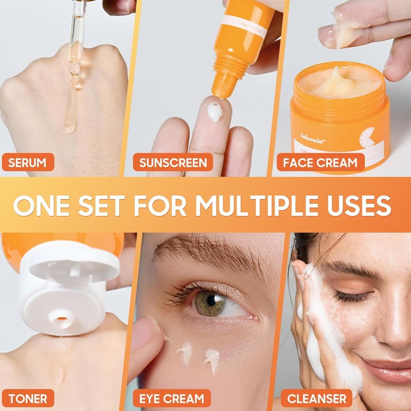 Vitamin C Skincare Set - 6 Pcs Face Care Kit with Cleanser, Serum, Eye Cream, Moisturizer & Sunscreen | Brightening & Hydrating for Teens