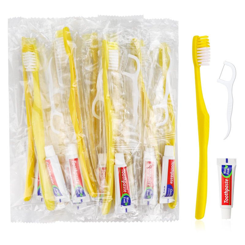 FAOEHN 200pcs Disposable Toothbrushes with Toothpaste and Floss,Yellow Bulk Single Use Toothbrush Floss Pick Individually Wrapped Disposable Travel Toothbrushes Kit for Homeless,Airbnb,Hotel,Guest
