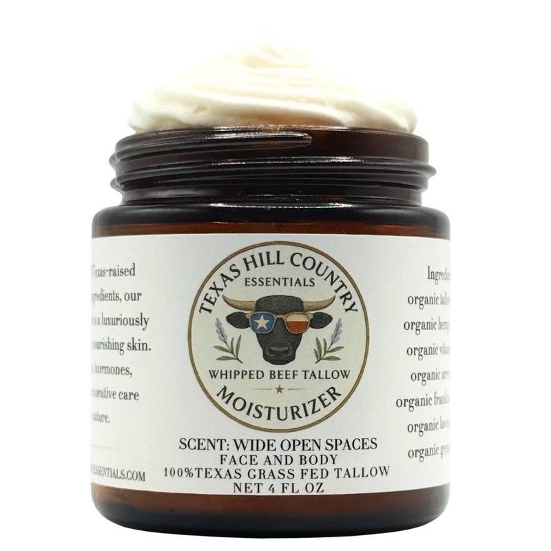 Texas Hill Country Essentials Beef Tallow Moisturizer- 100% Grass-Fed | Whipped Face & Body Balm | Nautral Skincare for Dry, Senstive Skin | Lightly Scented | 4oz
