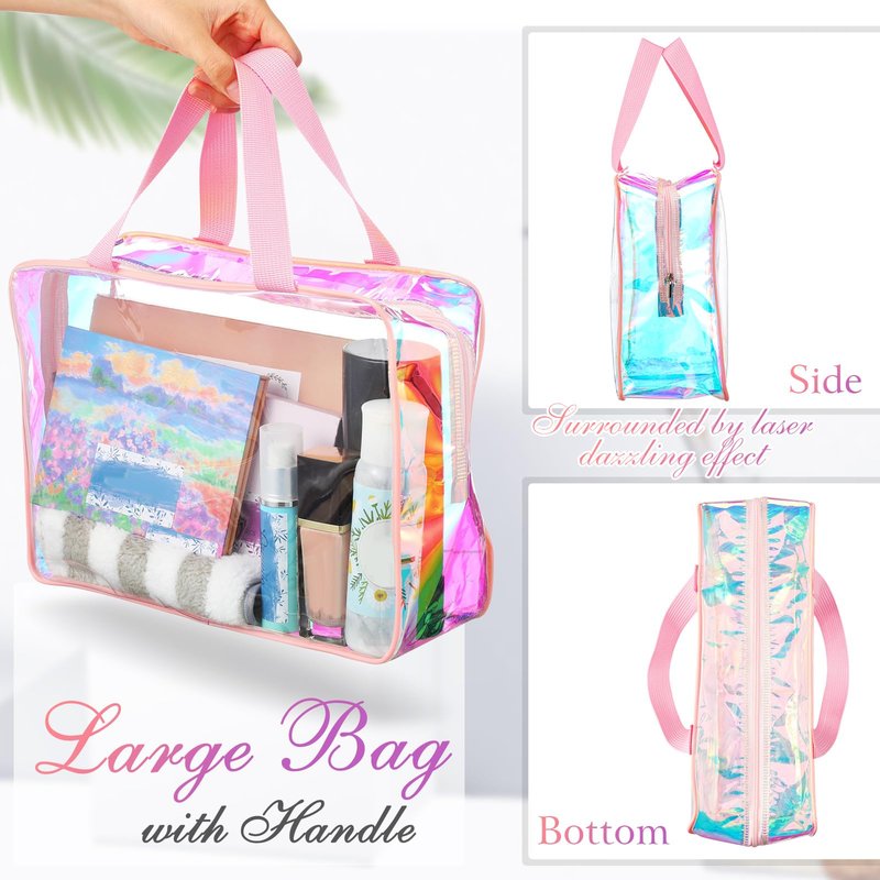 Sweetude 10 Pcs Large Clear Toiletry Bag with Handle Large Capacity Travel Iridescent Beach Makeup Bag PVC Clear Plastic Tote Punch Cosmetic Clothes Storage Organizer for Women Men (Pink)