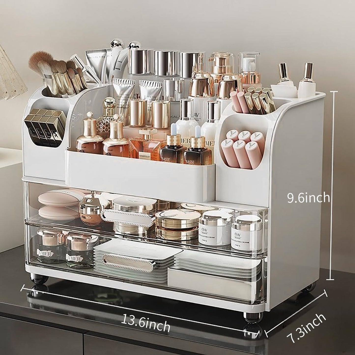 Makeup Organizer with Drawers for Vanity,Bathroom Countertop Organizer with Brushes Holder,Skincare Storage Organizer,Perfect Cosmetic Display Case for Skincare,Lipstick and Beauty Essential (White)